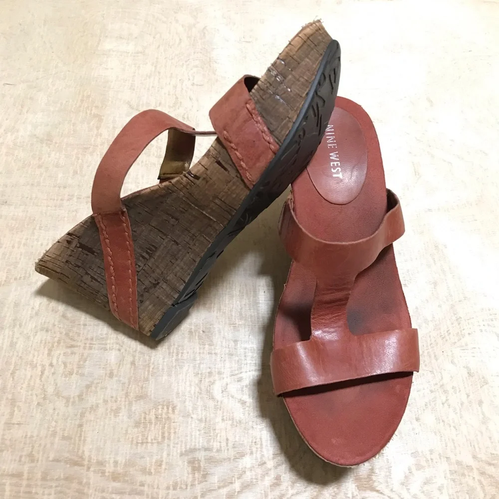 Nine West Enfete Wedges Leather Sandals Size 8